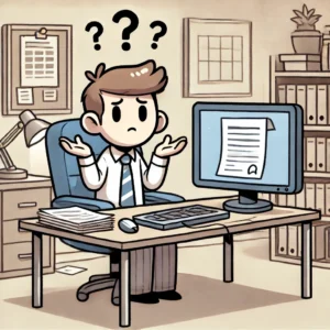 DALL·E 2024 10 03 13.55.39 A Cartoon Style Image Of A Confused Looking Person Sitting At A Desk With A Computer Monitor. The Person Has A Puzzled Expression With Their Hands Ra 300x300